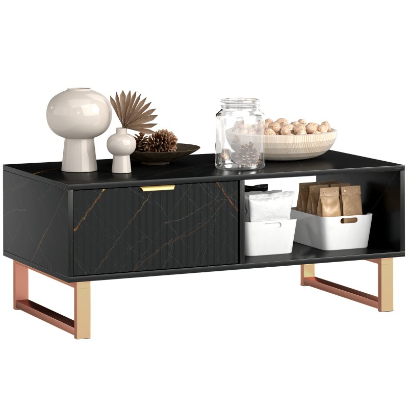HOMCOM Marble-Effect Coffee Table with Storage, Living Room Table with Drawer and 2 Open Shelves, Modern Centre Table with Fluted Door, Black
