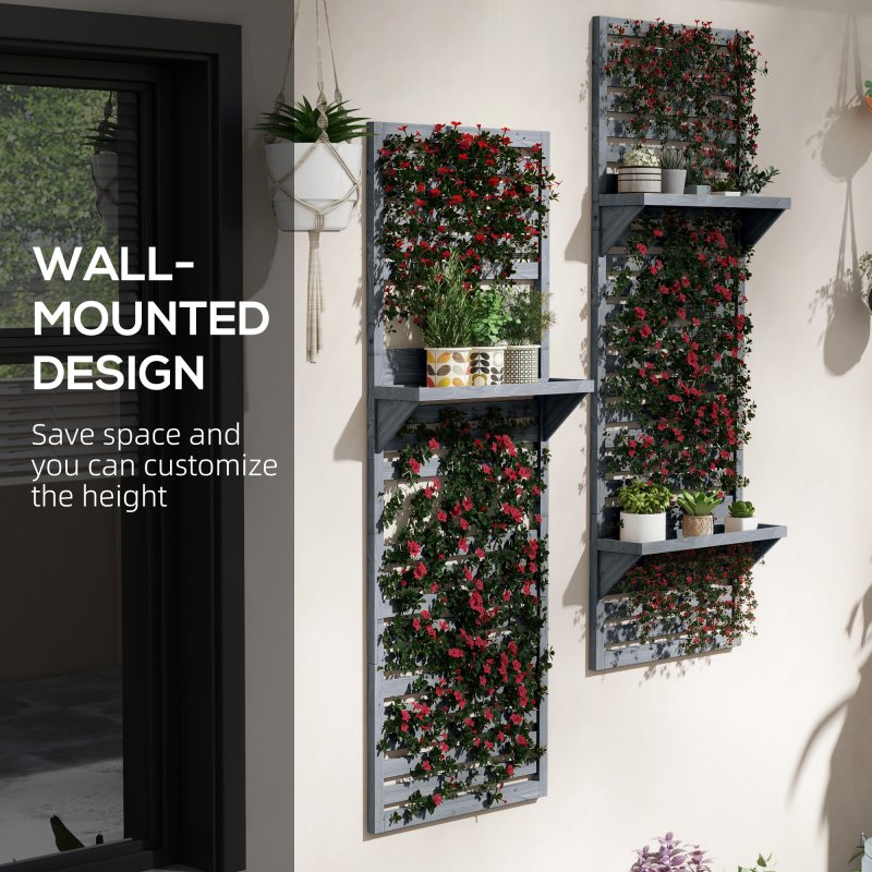 Outsunny Set of 2 Wall Mounted Plant Stand with Trellis, 170cm Wooden Plant Rack with Hanging Planter Shelves and Slatted Trellis for Climbing Plants, for Patio, Balcony, Porch, Grey