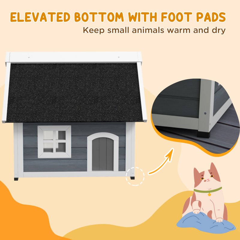 PawHut Outdoor Cat House, Wooden Feral Cat Shelter, Water-Resistant Hide Home with Openable Asphalt Roof, Three Doors, 77 x 57.5 x 68cm - Grey