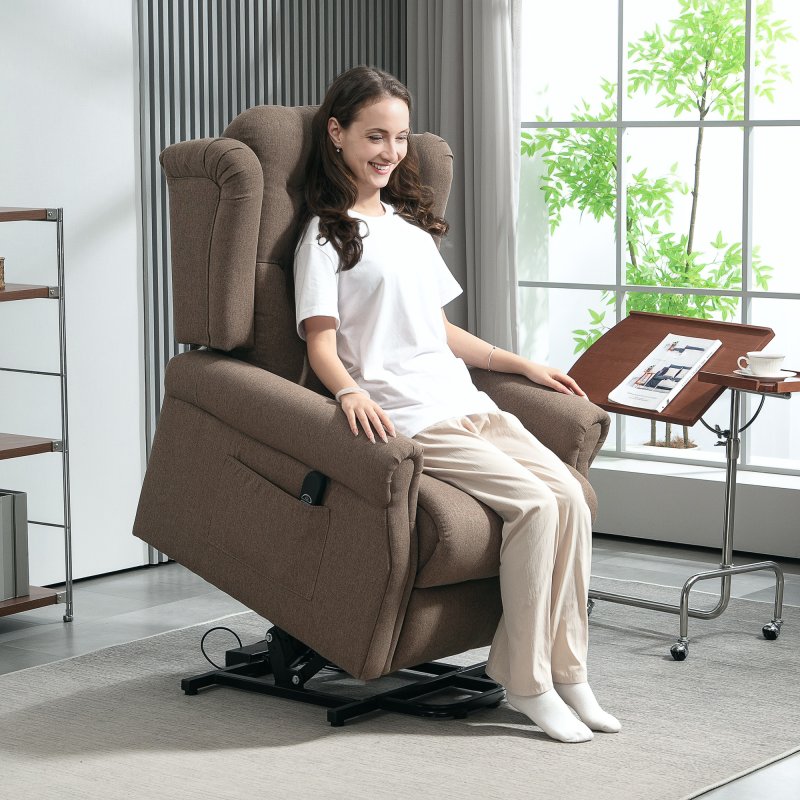 HOMCOM Power Lift Recliner Chair, Wingback Button Tufted Electric Lift Chair for Elderly, Fabric Riser and Reclining Armchair with Remote Control, USB Ports, Side Pockets, for Living Room, Dark Brown