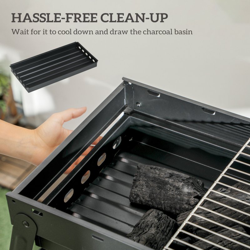 Outsunny Portable Charcoal Grill with Pull-Out Charcoal Basin, Folding Tabletop Barbecue, Compact Camping BBQ, Galvanised Metal, 73 x 31 x 38 cm, Black