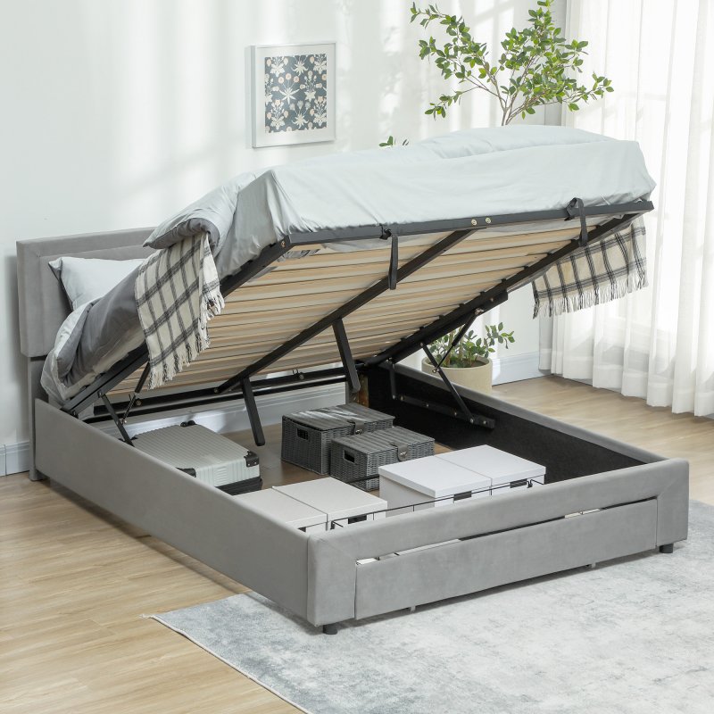 HOMCOM Double Ottoman Bed Frame with Hydraulic Lifting Storage, Wheeled Drawer, Adjustable Velvet Upholstered Headboard, Wooden Slats Mattress Foundation, No Box Spring Needed, Grey