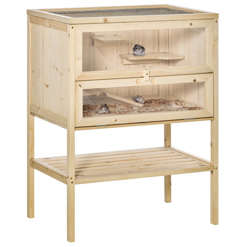 PawHut Wooden Hamster Cage with Storage Shelf, Small Animal Exercise Play House with Openable Top, for Hamsters, Gerbils, 60 x 40 x 80 cm - Natural