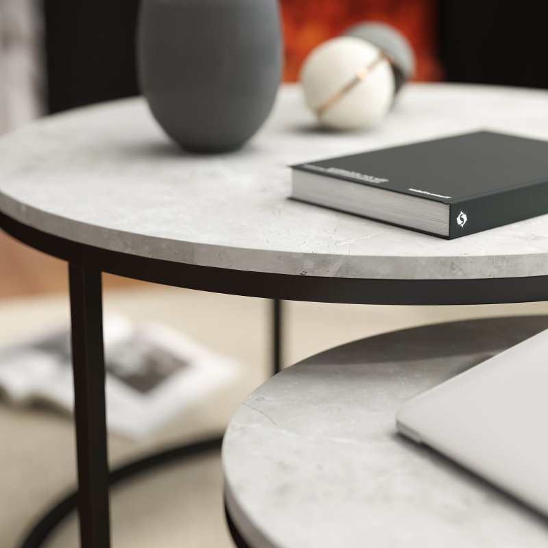 HOMCOM Nest of Tables, Round Coffee Table Set of 2,  Coffee Tables with Steel Frame for Living Room, Marble Grey