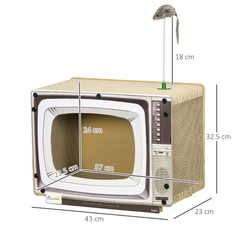 PawHut Cardboard Cat House with Scratcher, Catnip, TV-Shaped Cat Play House with Toy Mouse for Indoor Cats