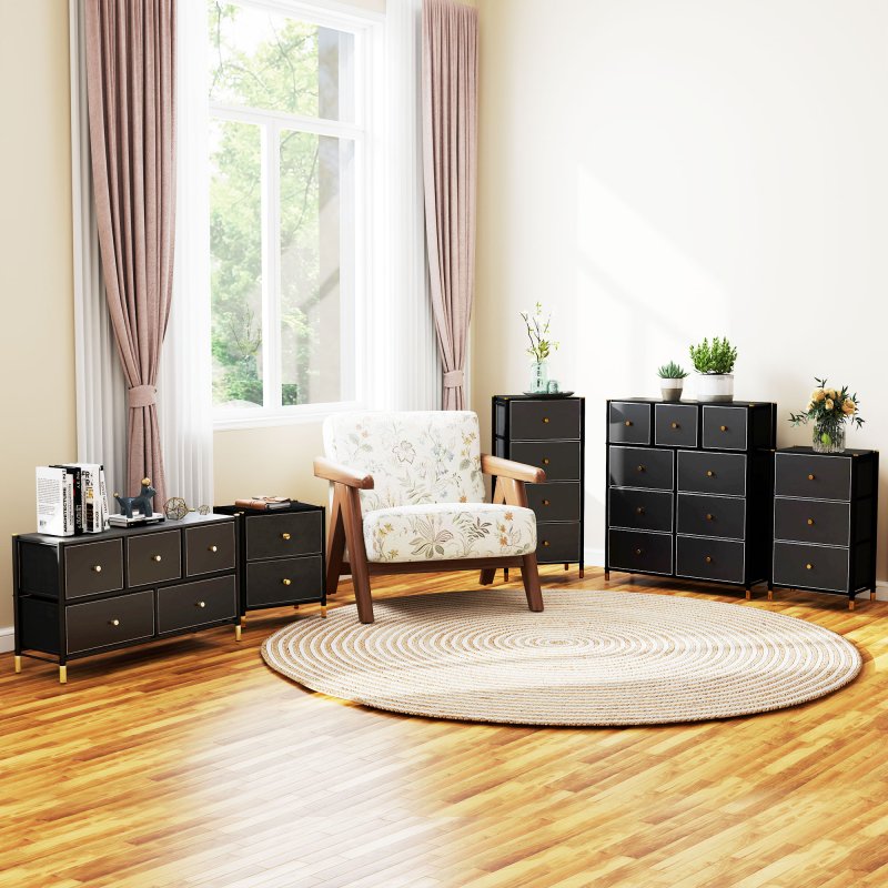 HOMCOM Chest of Drawers, 3 Drawer Fabric Dresser with PU Leather Surface, Steel Frame, Storage Organizer Unit for Bedroom, Living Room, Hallway, Closet, Easy to Assemble, Black
