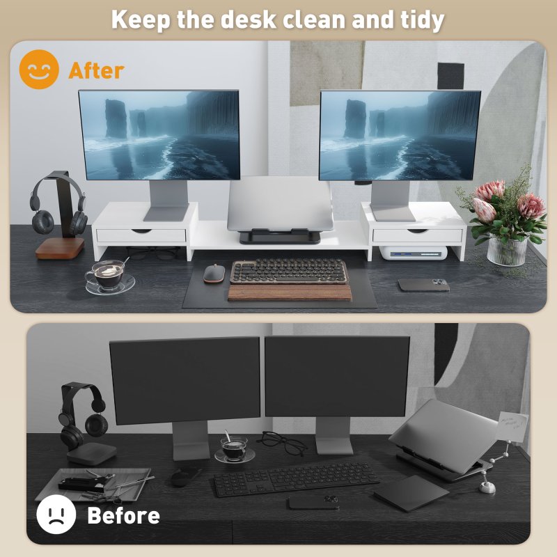 HOMCOM Dual Monitor Stand Riser with 2 Drawers, Adjustable Length and Angle, 116cm Monitor Riser for Laptop, Computer, PC, Small Printer, White