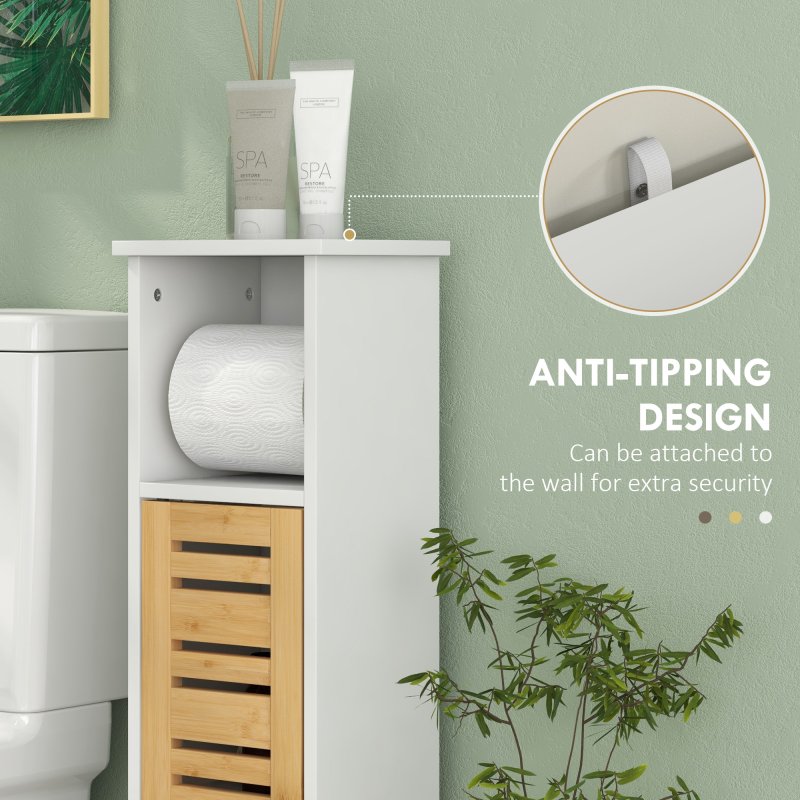 HOMCOM Bathroom Cabinet with Toilet Paper Holder, Slim Bathroom Floor Storage Cabinet Unit with Adjustable Shelf, Toilet Paper Stand, 78cm Tall, White