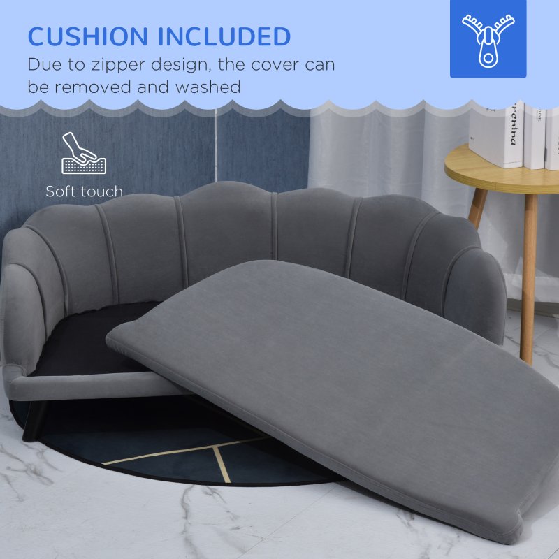 PawHut Dog Sofa for Medium, Large Dogs, Shell Shaped Pet Couch Bed w/ Legs, Cushion, Washable Cover - Grey