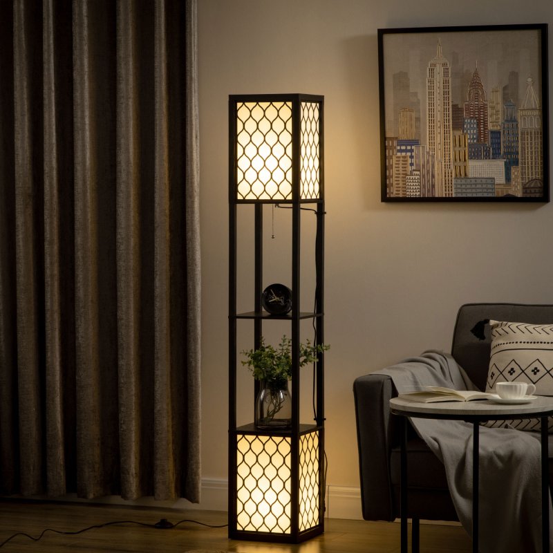 HOMCOM Modern Shelf Floor Lamp Light with Two Open Shelves Large Storage Display, for Living Room, 160cm, Bulb not Included, Black