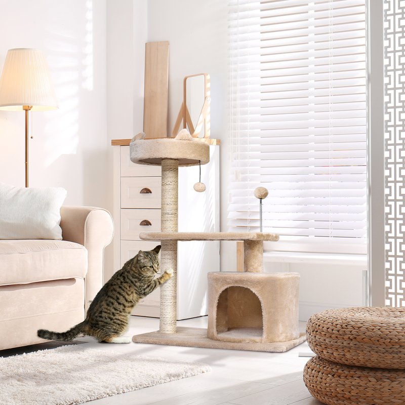 PawHut Cat Tree for Indoor Cats with Scratching Post Climbing Tower Kitty Activity Centre Condo Perch Jumping Platforms Beige 60L x 40W x 81H cm