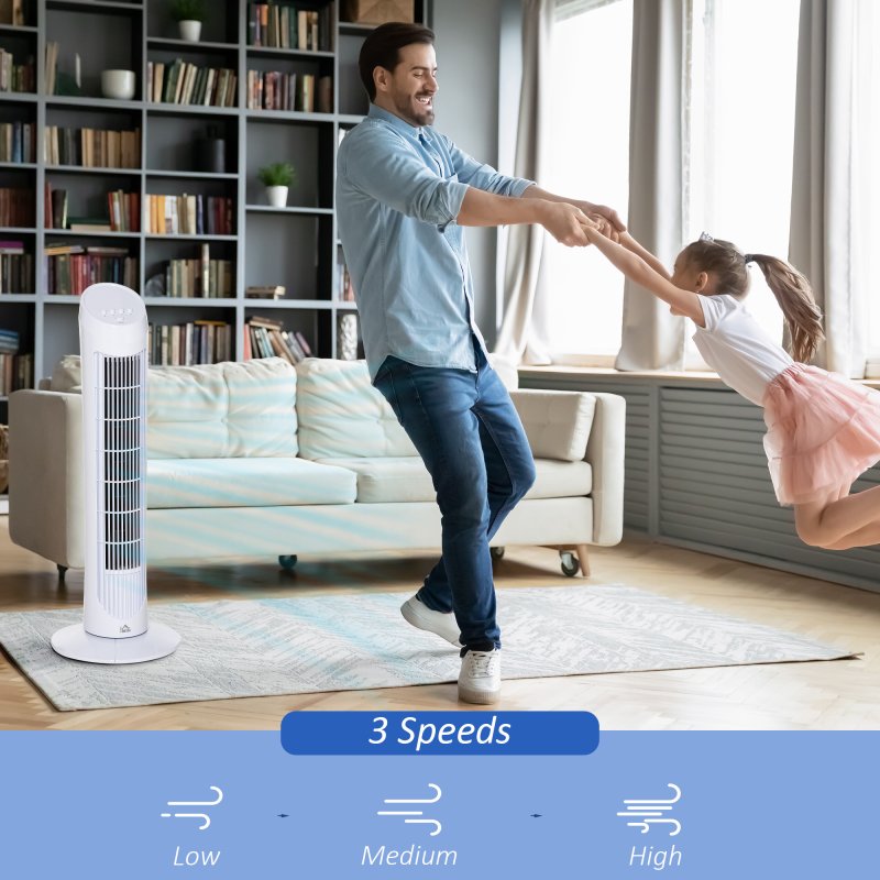 HOMCOM Tower Fan for Bedroom Cooling, 30 Inch Electric 70° Oscillating Fan with 3 Speed Settings, Standing Floor Fan for Home Office Indoor, White