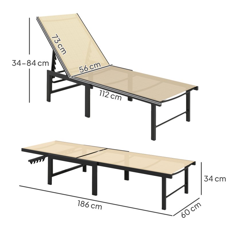 Outsunny Sun Lounger for Garden, 5-Level Adjustable Reclining Sun Lounger Chair, Flat Garden Lounger Sunbed with Texteline Seat, Steel Frame for Patio, Beach, Khaki