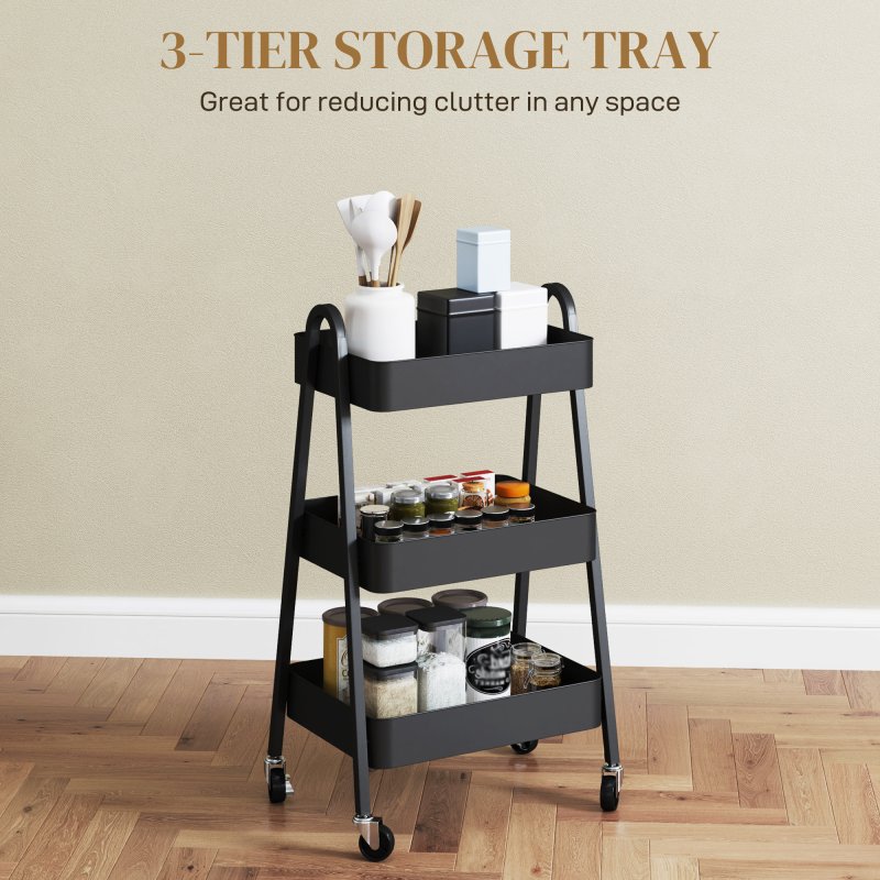 HOMCOM 3-Tier Storage Trolley on Wheels, Rolling Utility Cart with Handles, Mobile Kitchen Storage Cart for Living Room, Dining Room, Bedroom, Bathroom