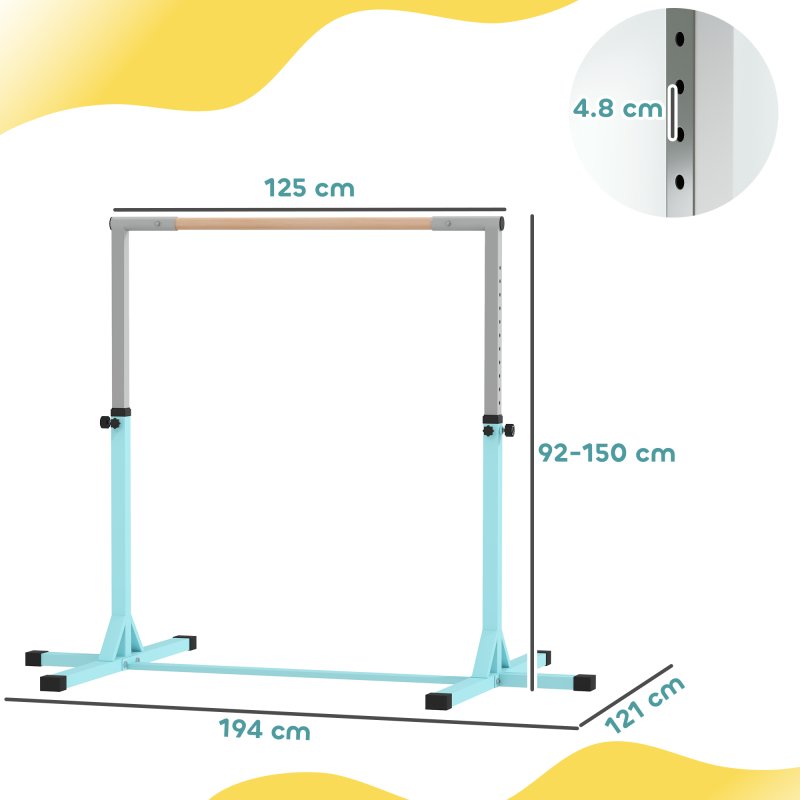 HOMCOM Height Adjustable Gymnastics Horizontal Bar For Kids Home Gym Training Children Junior Kip High Bar Fitness, Light Blue