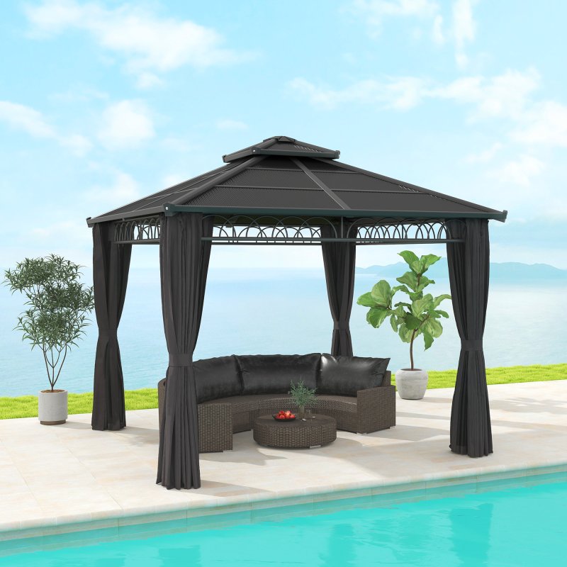 Outsunny 3 x 3 (m) Outdoor Polycarbonate Gazebo, Double Roof Hard Top Gazebo with Galvanised Steel Frame, Nettings& Curtains for Garden, Lawn, Patio and Deck, Dark Grey