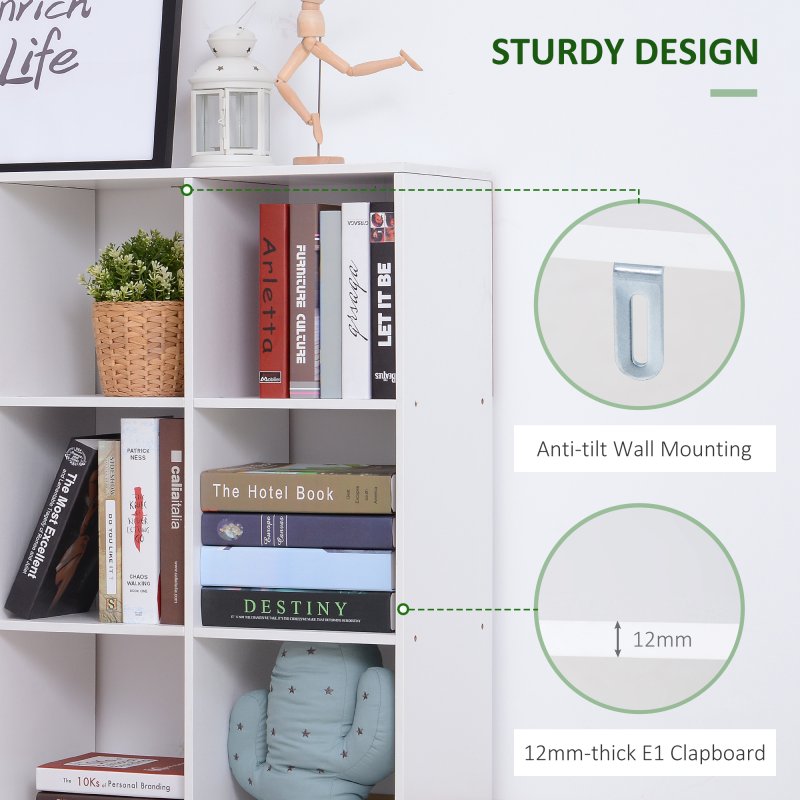 HOMCOM 3 Tier Bookshelf, Modern Cube Bookcase with 9 Open Storage Compartments, Freestanding Display Storage Unit for Living Room, Bedroom, Study, White