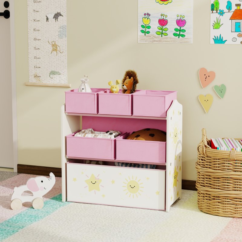AIYAPLAY Kids Toy Storage Units, 3-Tier Toy Organiser Shelf with 6 Removable Fabric Boxes for Kids, Boys, Girls, Bedroom, Playroom, Nursery, Pink
