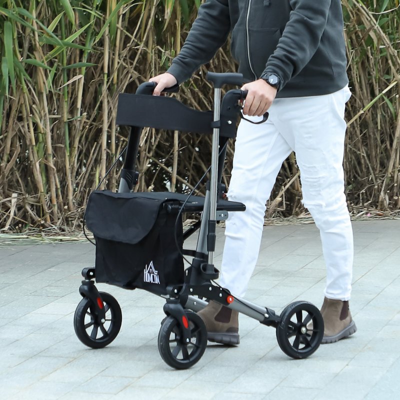 HOMCOM 4 Wheel Rollator with Seat and Back, Folding Mobility Walker with Carry Bag, Adjustable Height, Dual Brakes, Cane Holder, Lightweight Aluminium Walking Frame for Seniors and Disabled