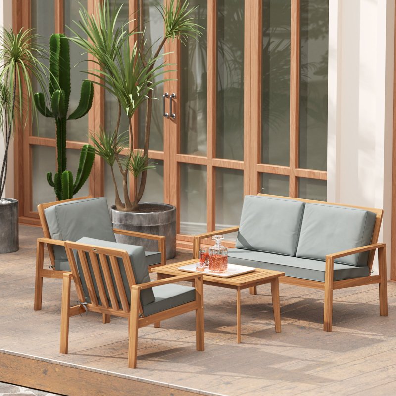 Outsunny 4 Pieces Garden Furniture Set with Cushions, Wooden Garden Sofa Set with 1 Loveseat, 2 Armchairs and 1 Coffee Table, Outdoor Table and Chairs for Conservatory, Balcony, Patio, Teak