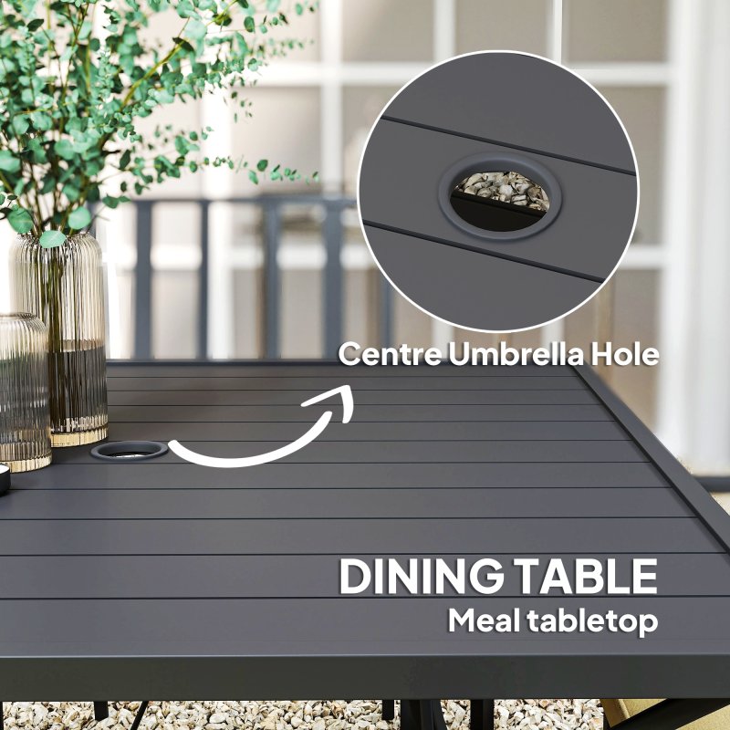 Outsunny 5 Pieces Garden Dining Set with Cushions, Outdoor Patio Table and 4 Stackable Chairs, Metal Top Table with Umbrella Hole, Black