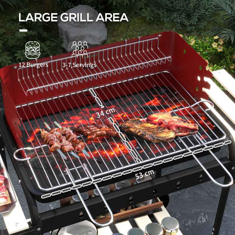 Outsunny Charcoal Barbecue Grill with Adjustable Grill Height, Portable BBQ Trolley with Ash Catcher and Wheels for Outdoor Garden Party Cooking, Red