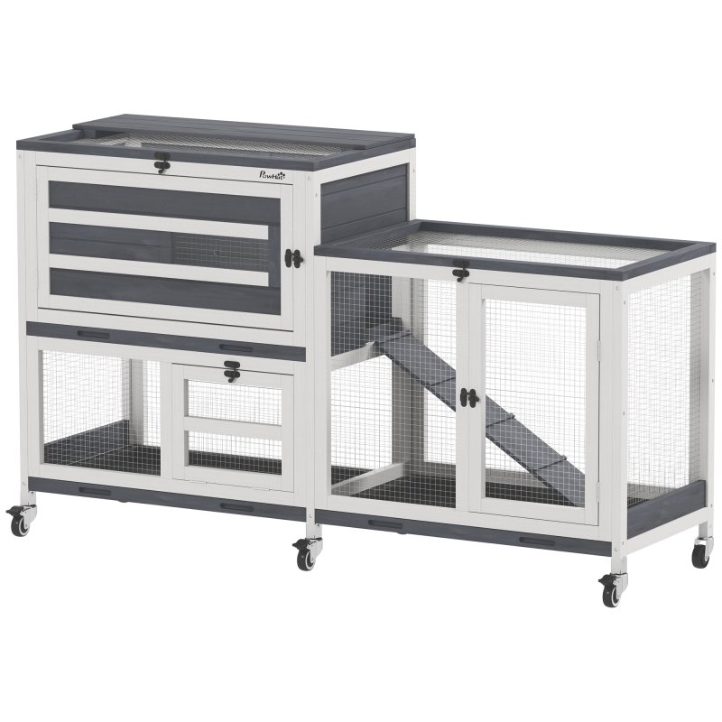 PawHut Rabbit Hutch with Run, 2-Tier Wooden Guinea Pig Hutch with Wheels, 2 Openable Tops, 3 Plastic Trays, Small Animal House Indoor for 2-3 Bunnies, Guinea Pigs, 147 x 45 x 89.5cm, Grey