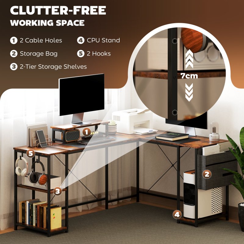 HOMCOM 168cm Reversible L Shaped Desk, Industrial Corner Computer Desk with Adjustable Shelf and Storage Bag, 240cm 2 Person Desk with Monitor Stand, Rustic Brown