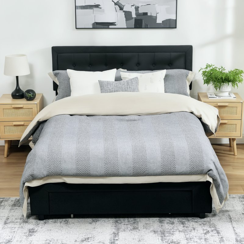 HOMCOM Double Ottoman Bed Frame, 4ft6 Gas Lift Storage Bed with 2-Level Adjustable Velvet Upholstered Headboard, Wheeled Drawer and Wooden Slats, No Mattress, Black