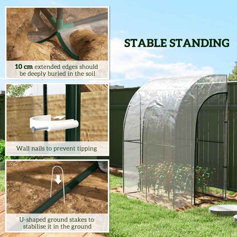 Outsunny Walk-In Greenhouse with Zipped Roll Up Doors, Lean-to Small Greenhouse with Plastic Cover and Sloping Top for Flowers, Vegetables and Herbs, 143cm x 118cm x 212cm, Clear