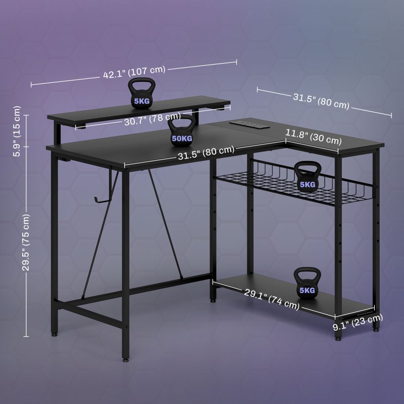 HOMCOM L Shaped Gaming Desk with LED Lights, Power Outlet, USB Charging Ports, 107cm Reversible Corner Computer Desk with Storage Shelves, Monitor Stand for Home Office, Small Space, Black