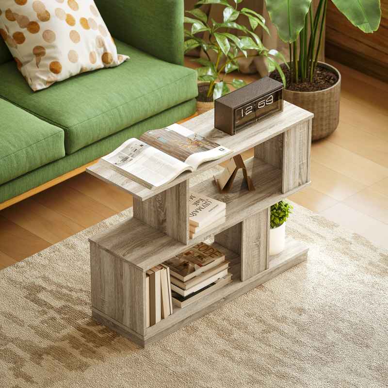 HOMCOM S-Shaped Side Table, 3-Tier Narrow End Table with Storage Shelves, Modern Nightstand for Living Room, Bedroom, 90W x 30D x 61H cm, Natural Wood Finish