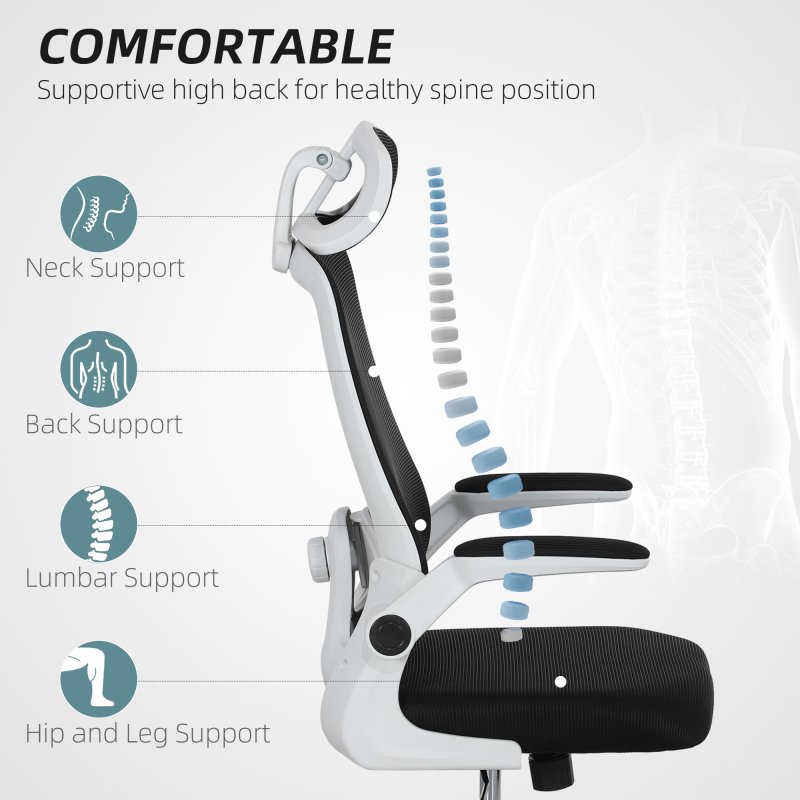 HOMCOM Executive Office Chair, Ergonomic Mesh High Back Desk Chair with Flip-up Armrest, Adjustable Lumbar Support, Rotatable Headrest, Black