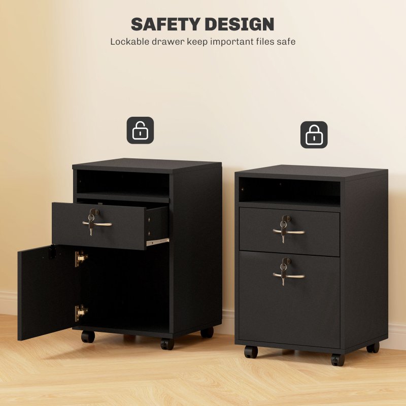 HOMCOM 60cm Filing Cabinet with Drawer, Open Shelf, Metal Handles and 4 Wheels, Office Home Organiser Mobile Printer with Two Locks