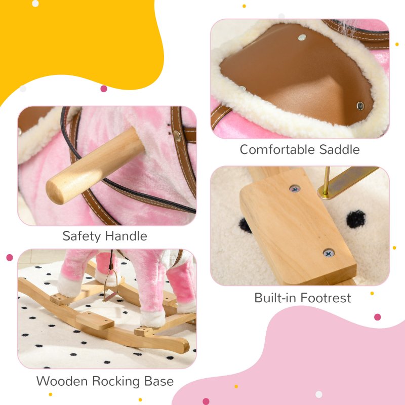 HOMCOM Kids Rocking Horse, Plush Ride On Horse with Music, Sound, Saddle, Wooden Base, Ride On Toy for Ages 3-6 Years - Pink