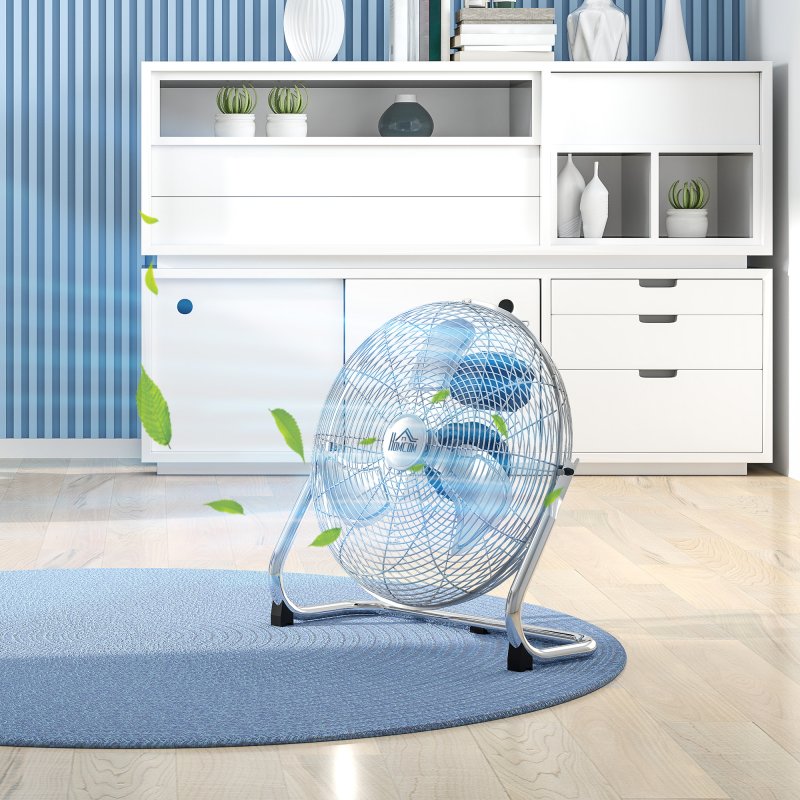 HOMCOM 16 Inches Chrome Metal Floor Fan, High Velocity 3-Speed Home Gym with Adjustable Head, Portable Desk & Table Fan Air Circulator for Home Office, Powerful Airflow, Quiet Operation
