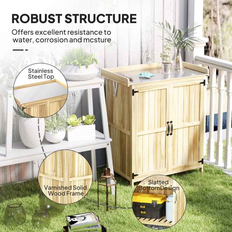 Outsunny Wooden Garden Shed, Garden Tool Storage Shed with Hinged Roof and Shelf, Outdoor Storage Cabinet with Double Doors, Natural Wood Finish