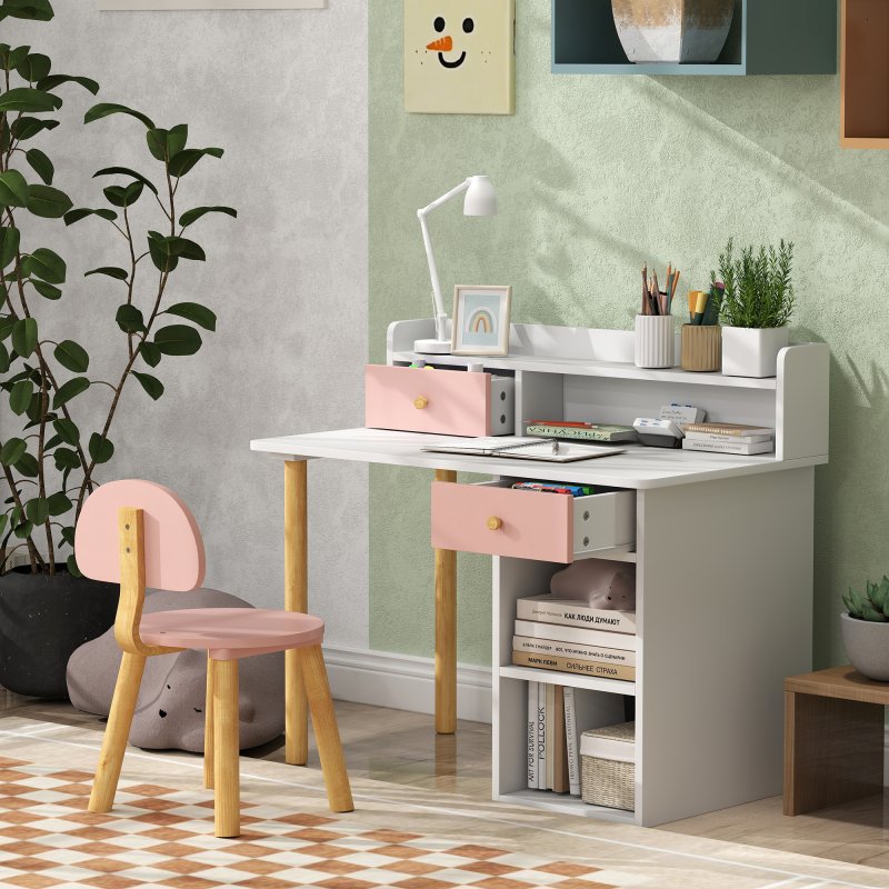 AIYAPLAY Kids Desk and Chair Set, Children Study Table with Hutch, Storage, Drawer, Shelves, for Studying, Reading, Drawing, for Ages 3-8 Years, Pink