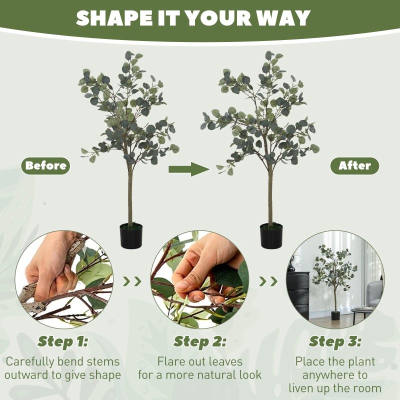 HOMCOM Set of 2 Decorative Artificial Tree, 4ft/ 120cm Silk Eucalyptus Trees with 230 Silver Dollar Leaves in Pot, Fake Plants for Home, Office, Living Room, Indoor Decor