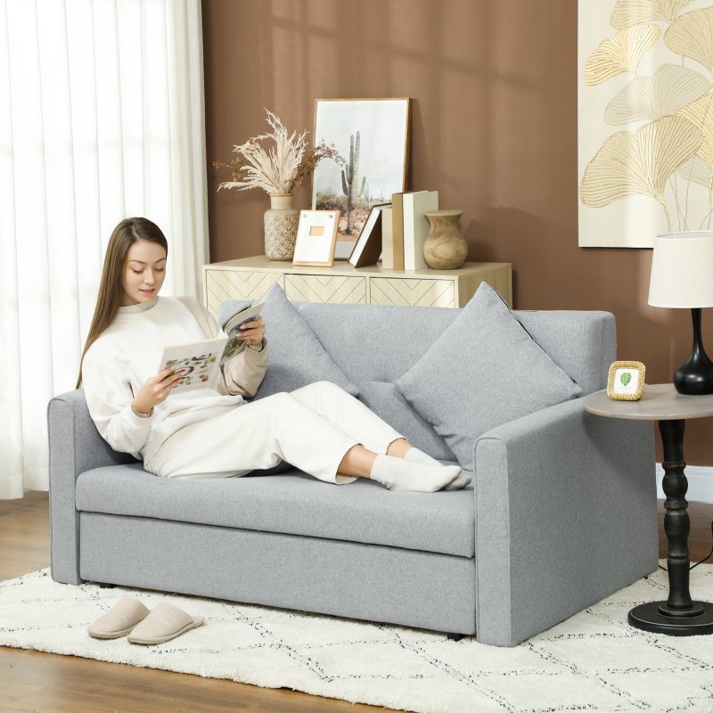 HOMCOM 2 Seater Sofa Bed, Convertible Bed Settee, Modern Linen Loveseat Sofa Couch with 2 Cushions, Hidden Storage for Living Room, Guest Room, Light Grey