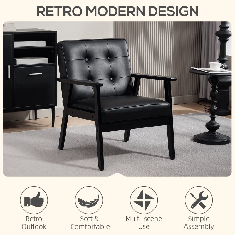 HOMCOM Armchair, PU Leather Accent Chair, Occasional Chair with Rubber wood Frame for Living Room, Reception, Bedroom, Balcony, Black