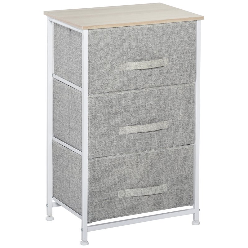 HOMCOM Vertical 3-Tier Linen Drawer Cabinet Organizer Storage Dresser Tower with Metal Frame Adjustable Feet for Living Room, Bathroom, Kitchen, White, Oak and Light Grey