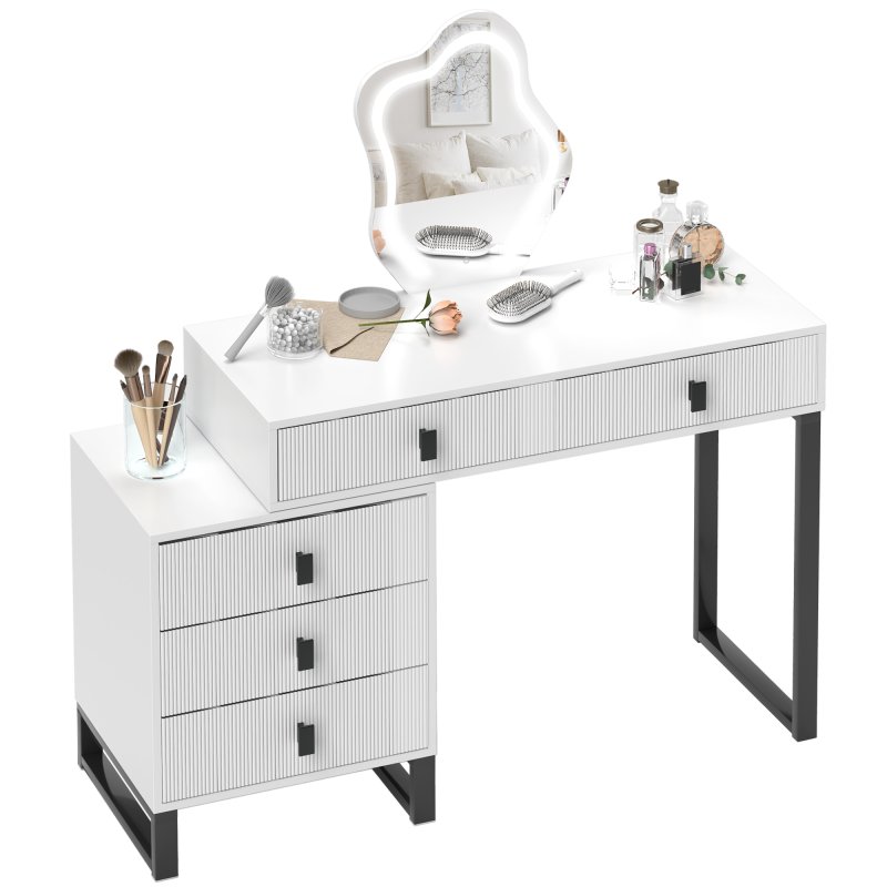 HOMCOM LED Lighted Dressing Table with Leaf Shape Mirror, Modern Vanity Desk with 5 Drawers, Makeup Desk with Fluted Panels, White