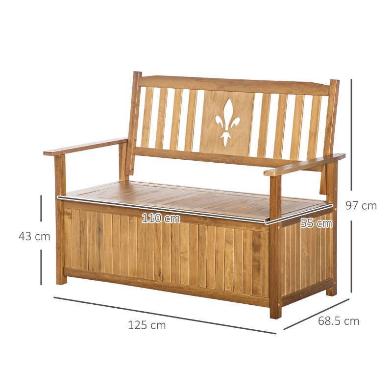 Outsunny 2 Seater Garden Storage Bench, 164L Outdoor Storage Box with Backrest Flower Pattern, Wooden Garden Bench with Armrests, 125 x 68.5 x 97cm, Natural