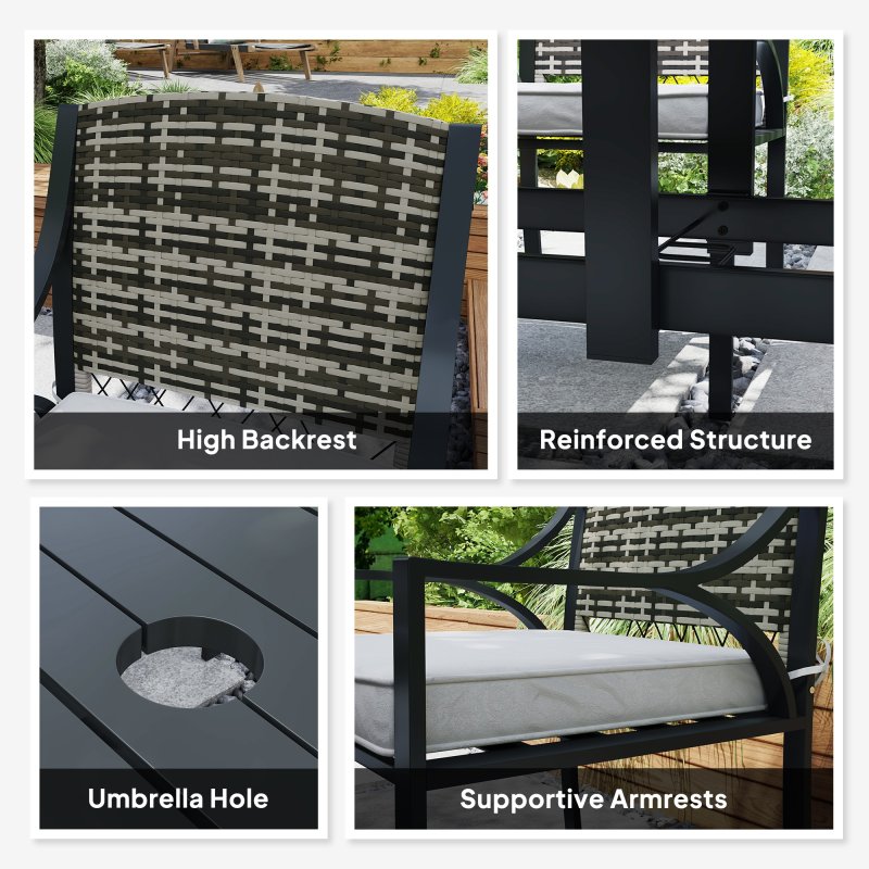 Outsunny Rattan Garden Furniture Set with Cushions, 6 Seater Rattan Dining Set with 6 Armchairs, 150 x 96cm Rectangular Table, Umbrella Hole, for Outdoor, Patio, Balcony, Terrace, Conservatory