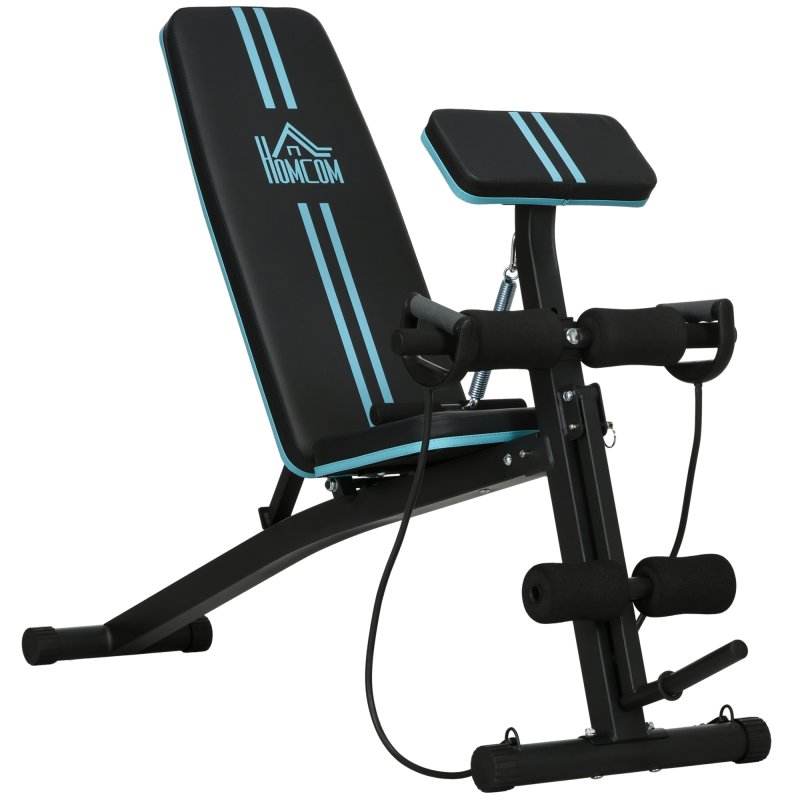 HOMCOM Foldable Weight Bench, Strength Training Sit Up Bench, Incline Decline Bench with 7-Level Backrest, Leg Extension Machine, Preacher Pad and Resistance Band for Home Gym Workout, Blue