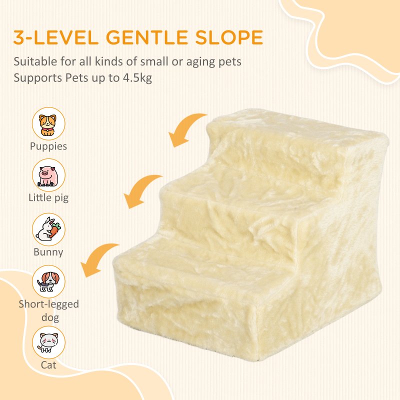 PawHut Dog Steps for Sofa, 3 Steps Dog Stairs, Pet Stairs, with Washable Plush Cover, for Small Breeds, Cats - Beige