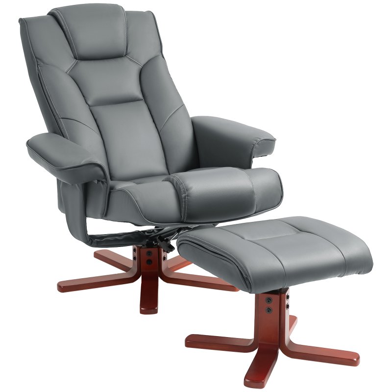HOMCOM Recliner Chair with Footstool, PU Leather Upholstered Armchair with Adjustable Backrest, Leisure Lounge Chair for Living Room, Bedroom, Grey