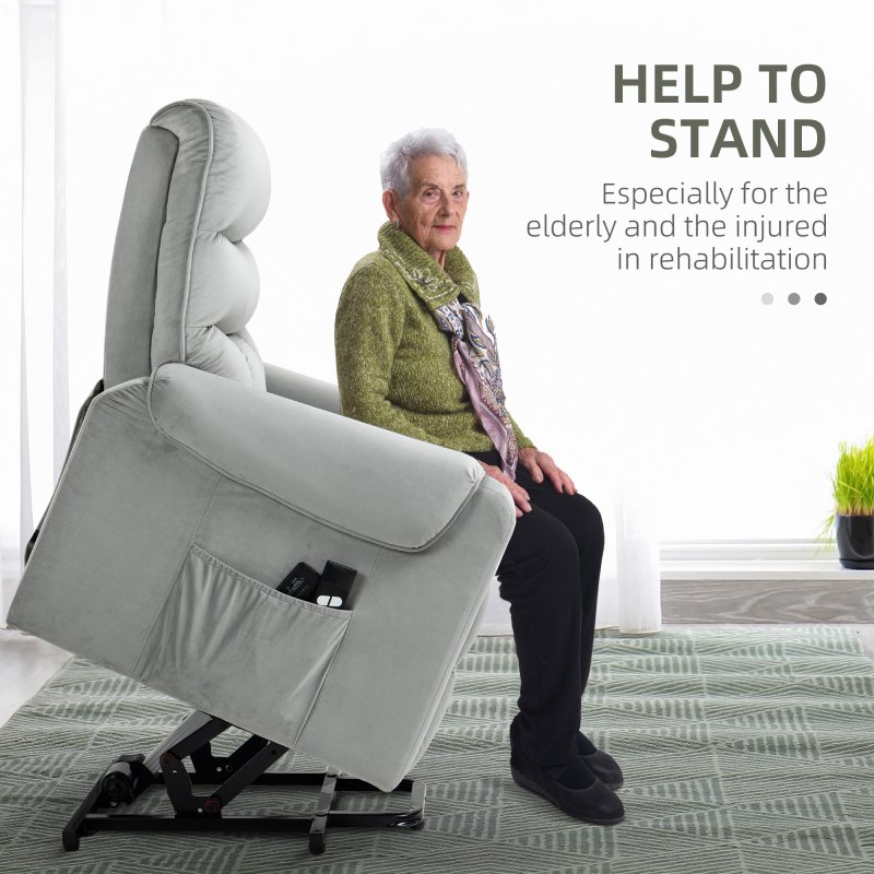 HOMCOM Recliner Electric Power Lift Chair for Elderly with 8 Vibration Massage Points, Upholstered Reclining Chair with Remote Controls, Side Pockets, Grey