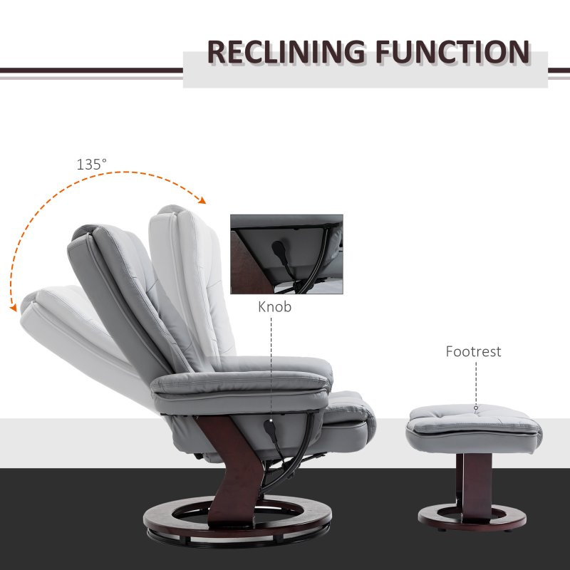 HOMCOM Recliner Chair With footstool, Recliner Armchair up to 130kg Weight Capacity, 135 Reclining Swivel Sofa Chair, PU Leather Ergonomic Couch Bed with Swivel Wood Base for Living Room, Grey